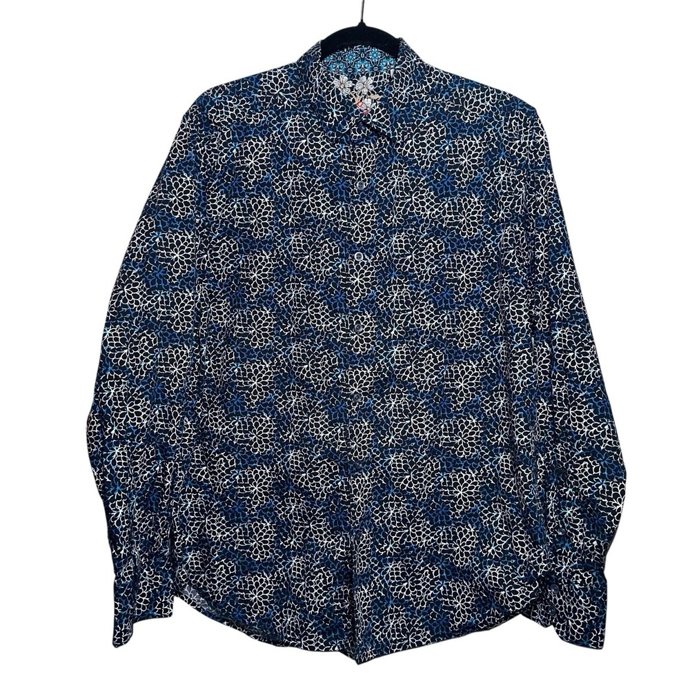 Robert Graham Mens M Floral Medallion Button Down Shirt Blue Black Classic Fit